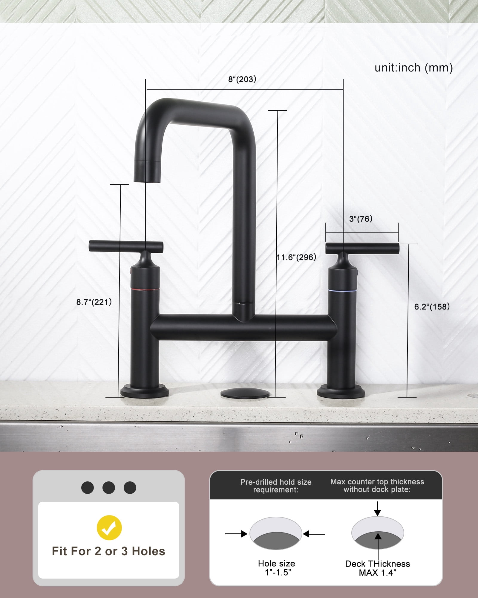 WOWOW Double Handle Bridge Faucet with Kitchen Sink Hole Cover