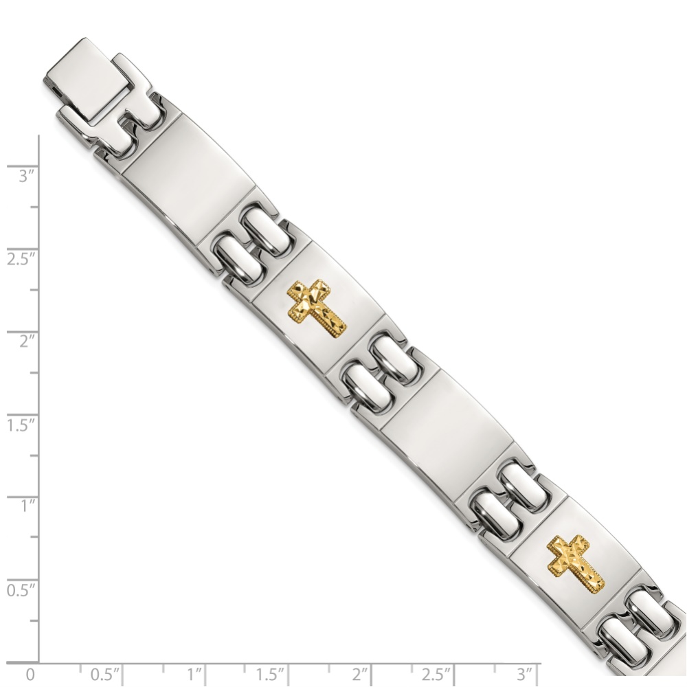 Diamond2Deal Stainless Steel Polished with Diamond-Cut 14K Gold Accent Cross Link Bracelet for Men 8"