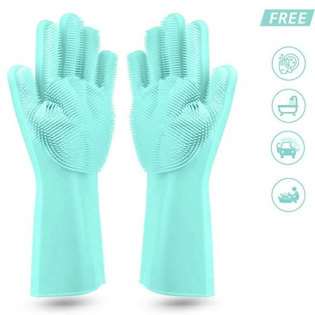 Rubber Dishwashing Gloves, Reusable Magic Silicone Gloves with Wash Scrubber, Heat Resistant Cleaning Gloves for Kitchen,Car, Bathroom and Pet Hair Care,