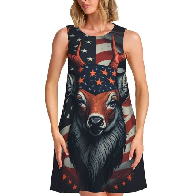 Daiia Robe Moderne à Imprimé Tête de Cerf USA pour Femmes 2025 Tendance Manches Courtes Robes Décontractées Amples Fluides Maxi Robes d'Été