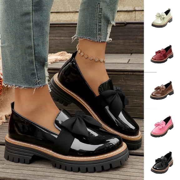 Taqqpue Women Loafer Shoes Women's Fashionable Casual Solid Color Round Toe Block Heel Loafers Mid-Heel Shoes Flat Shoes for Women