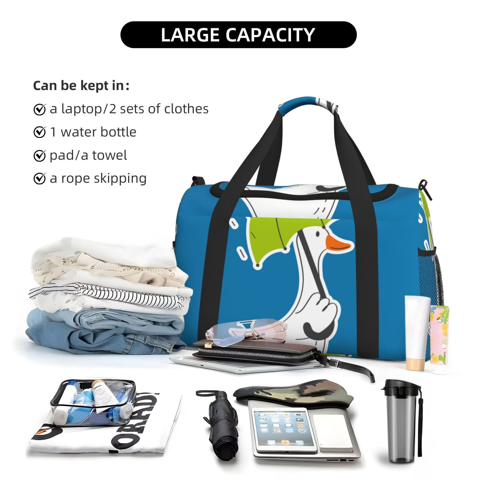 Fuzoiu Goose Holding an Umbrella Print Travel Duffle Bag,Carry On Tote Bags,Duffel Bag,Sport Gym Bag, Hospital Bag for Labor and Delivery, Overnight Bag,Luggage Bag