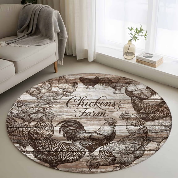 Brown Vintage Rooster Round Area Rug 3Ft Washable Small Circle Rugs for Kitchen Entryway, Farmhouse Wooden Chickens Farm Non-Slip Carpet Floor Mats Indoor Outdoor Carpet Runner Aesthetic Home Decor