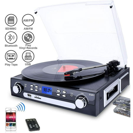 DIGITNOW Vinyl/LP Turntable Record Player, with Bluetooth,AM&FM Radio, Cassette Tape, Aux in, USB/SD Encoding & Playing MP3/ Built-in Stereo Speakers, 3.5mm Headphone Jack,Remote and
