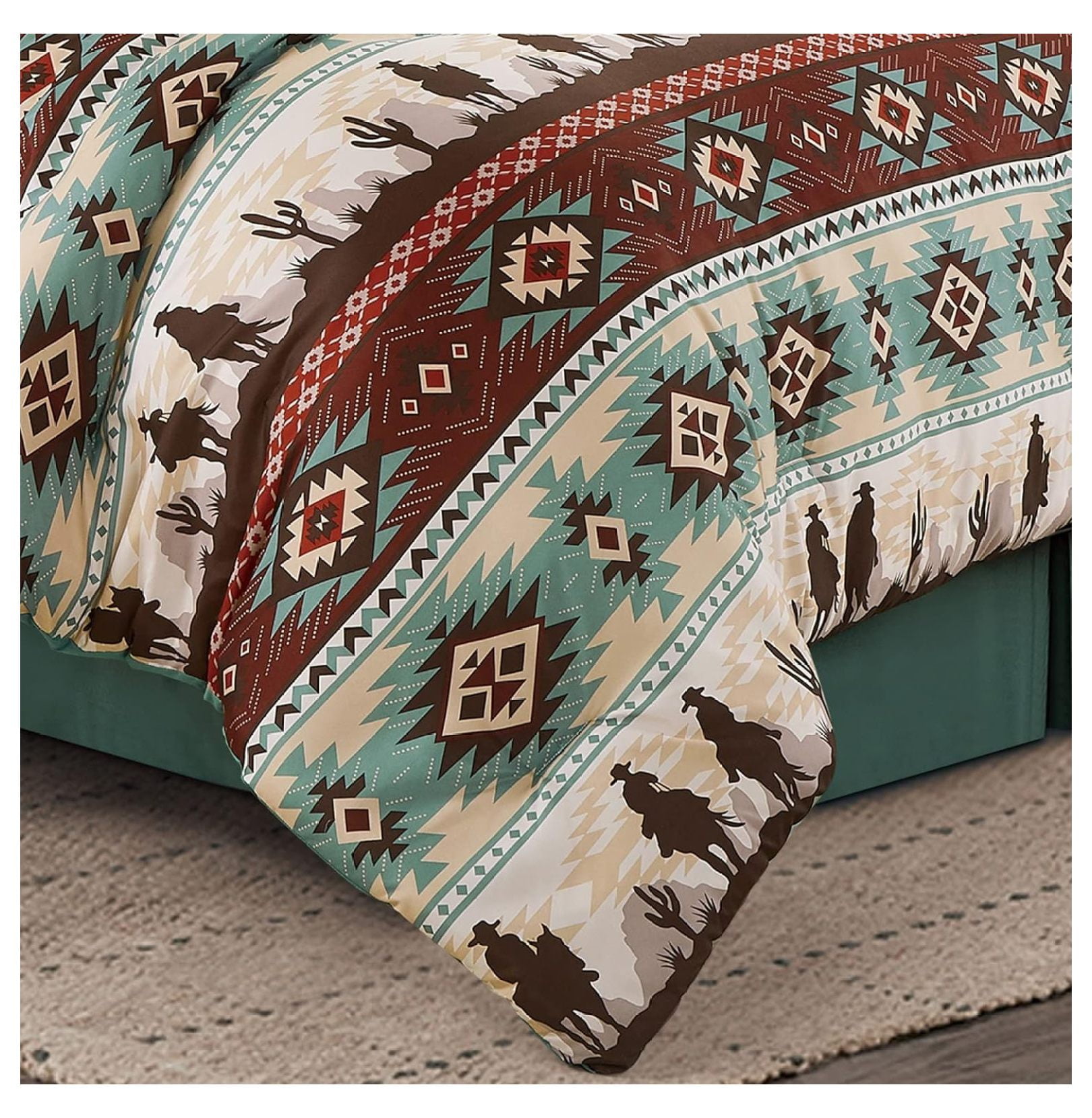 KeLiang Audun 3-Piece Southwestern Aztec Comforter Set - Multicolor Teal Brown Beige Tan Red Printed Washed Microfiber Bedding, Queen Size