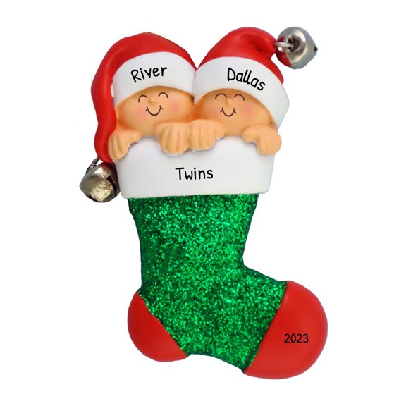 Personalized Baby’s First Christmas Ornament 2024 – Twin Boy First Christmas Green Stocking Ornament
