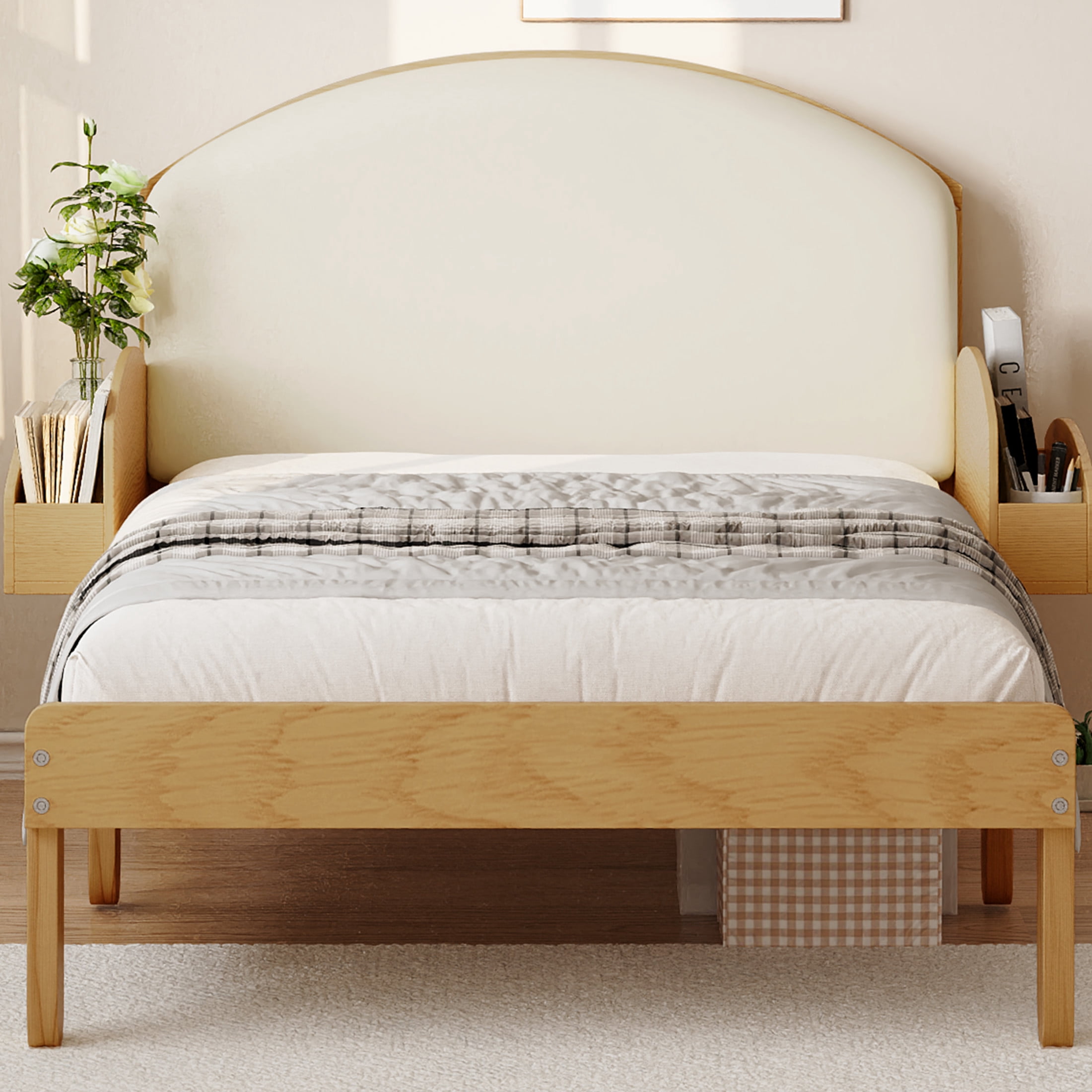 Noble House Twin Size Platform Bed with Curved Padded Headboard, Side Storage Shelves, Natural