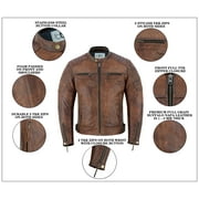 Men's Motorbike Leather Jacket Distress Zip Up Motorcycle Protection Jackets Antique Brown-40