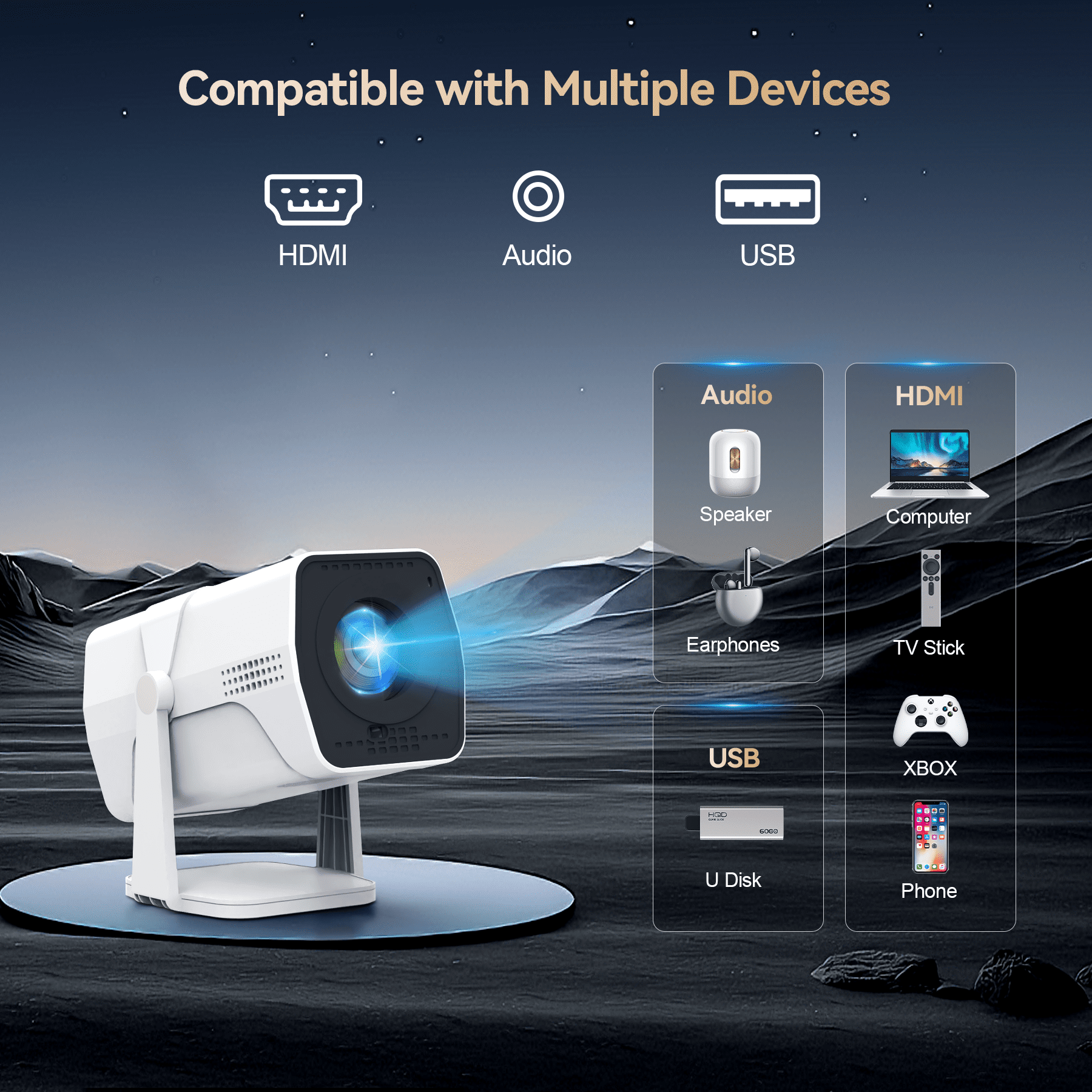 GCZ Smart Projector 4K Support, 1080P Portable Mini Projector with WiFi and Bluetooth, 180° Rotatable Outdoor Movie Projector for Home Theater/Party