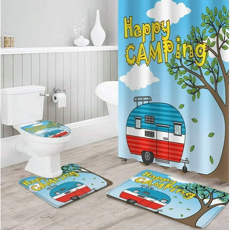 ZHANZZK Happy Camping 4 Piece Bathroom Set Shower Curtain Bath Rug Contour Mat and Toilet Lid Cover
