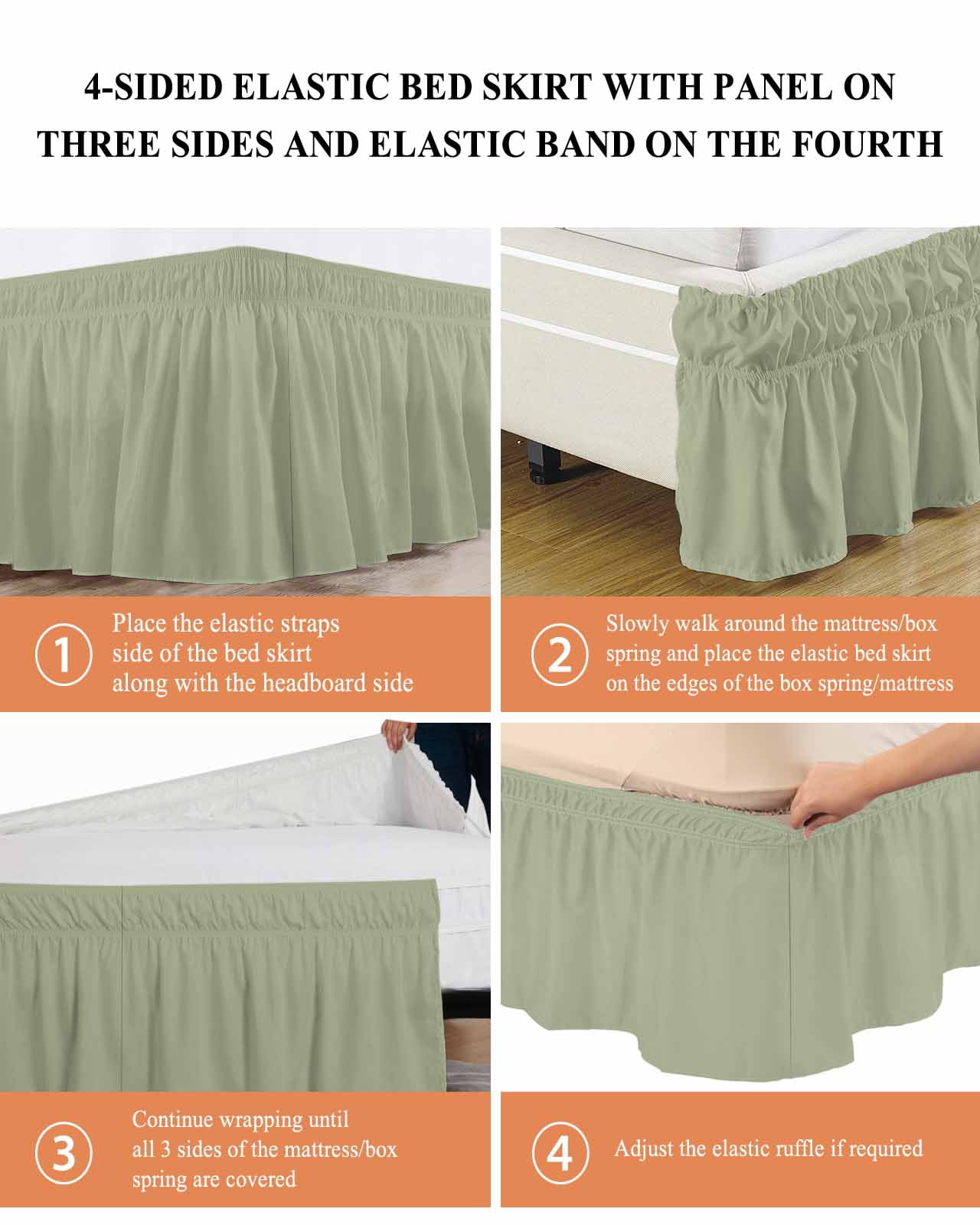 Sage Green Bed Skirt Solid Color Bed Skirts Queen Size 16 Inch Drop, Wrap Around Dust Ruffle&nbsp;Bedskirt with Adjustable Elastic Belt for Queen Size Beds