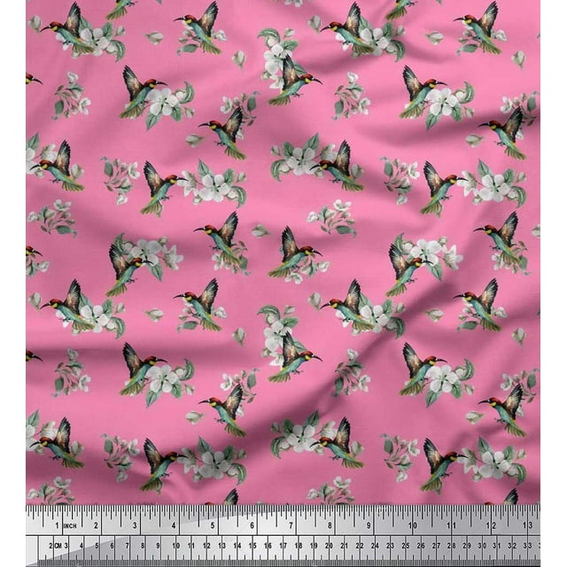 Soimoi Cotton Jersey Fabric Leaves,Flower & Humming Bird Print Fabric by The Yard 58 Inch Wide