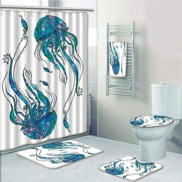 PRTAU Jellyfish Shaped with Ornamental Boho Beach Aqua 5 Piece Bathroom Set Shower Curtain Bath Towel Bath Rug Contour Mat and Toilet Lid Cover