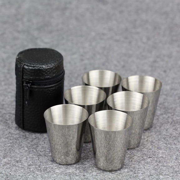 Stainless Steel Shot Cups, 2 Oz Shot Glass Drinking Vessel with One Black PU-Leather Carrying Case, Outdoor Camping Travel Coffee Tea Cup, 6 Pcs, 1.57x1.38"