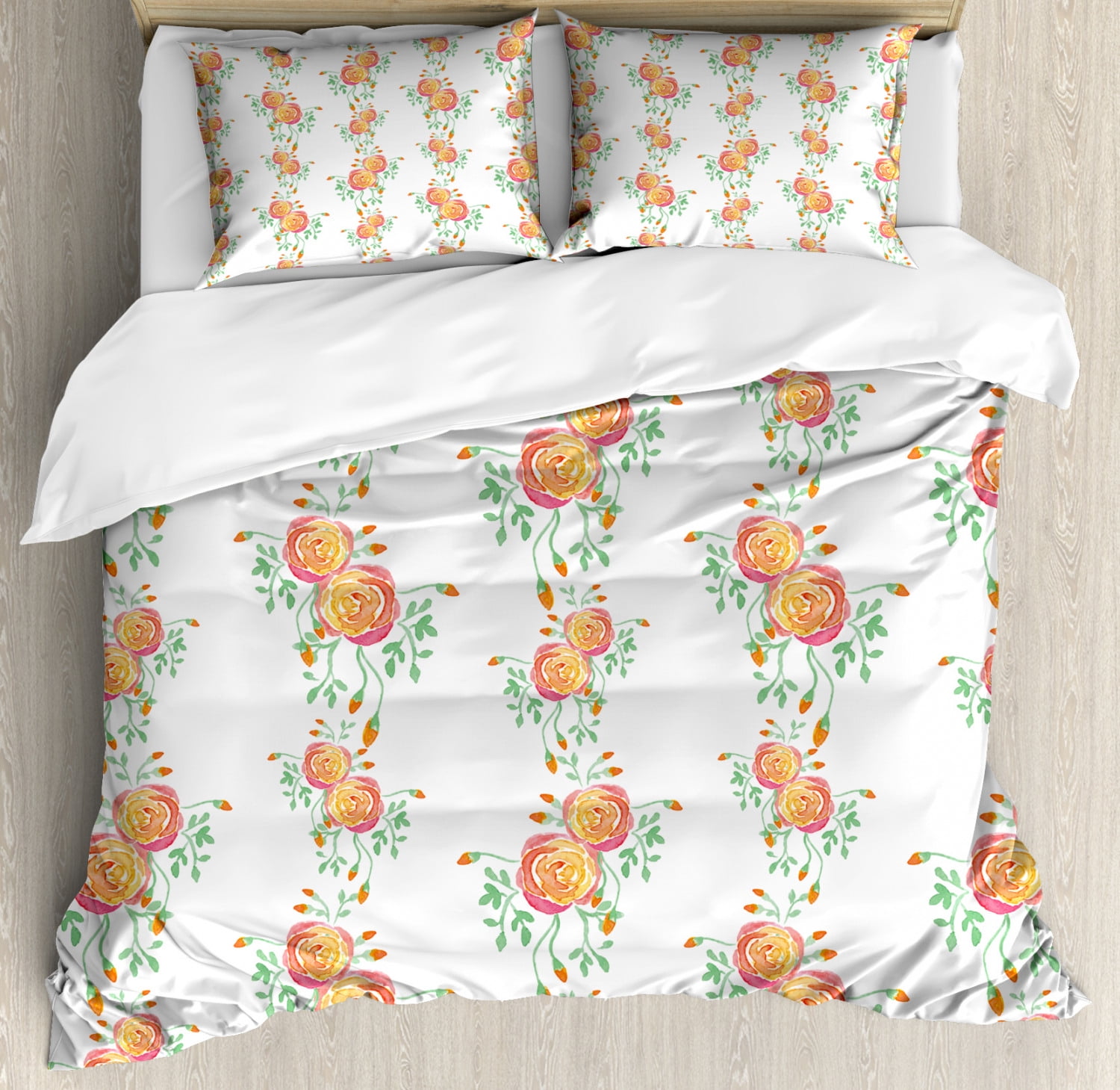 Floral Duvet Cover Set King Size, Vertical Artwork of Flowers with