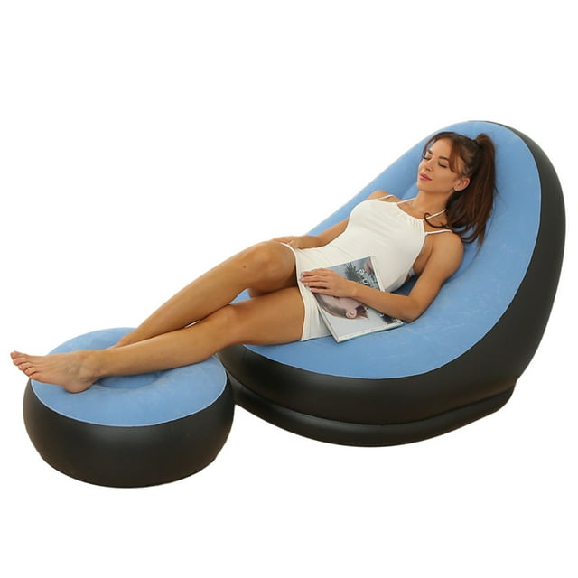 Foldable Inflatable Chair with Foot Stool, Blow Up Lounge Chair for Outdoor Camping Travel