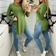 thumbnail image 2 of Lilgiuy Women Solid Color T-shirt Top Round Neck Long-sleeved Hem Slit Button Top, 2 of 5