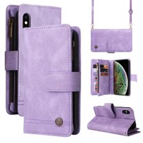 Mantto iPhone X Case, iPhone XS Case, Wallet Card Slot Crossbody/Shoulder Strap   Wristlet Strap Magnetic Flip Premium PU Leather Zipper Pocket With Kickstand For Apple iPhone X / XS,
Purple