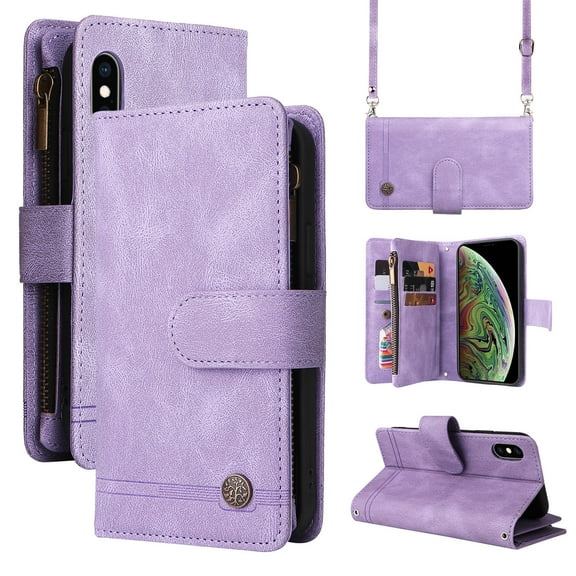 Mantto iPhone X Case, iPhone XS Case, Wallet Card Slot Crossbody/Shoulder Strap + Wristlet Strap Magnetic Flip Premium PU Leather Zipper Pocket With Kickstand For Apple iPhone X / XS,
Purple