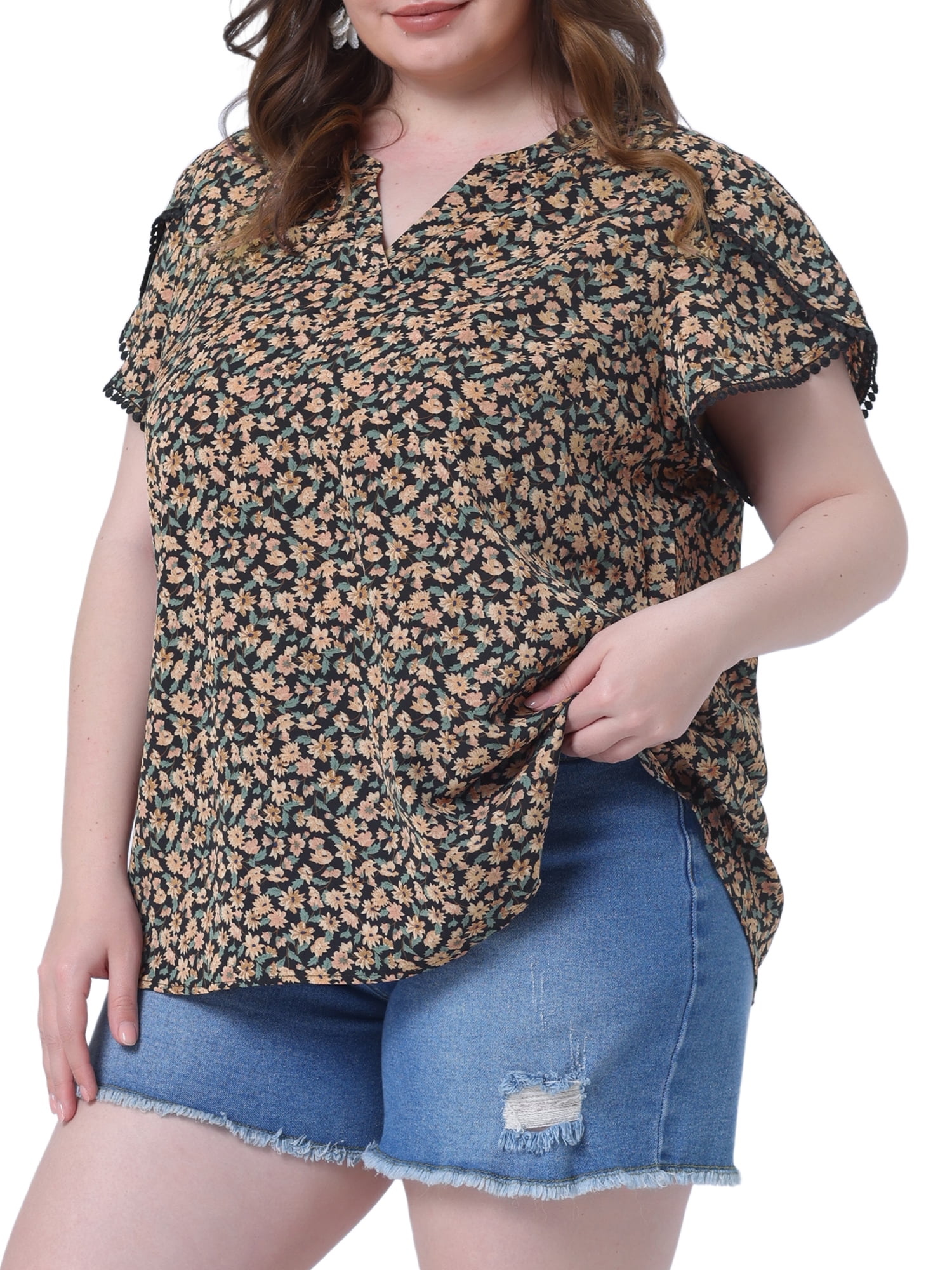Women's Plus Tops Floral V Neck Tulip Sleeve T-Shirt Tee Summer Top 4X Beige