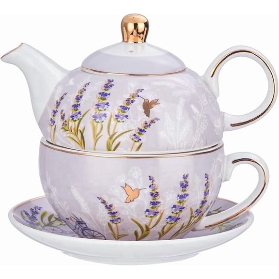 Cnshop Porcelain Tea Set for One, Lavender Teapot with Gold Trim, Purple