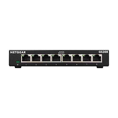 netgear gs308 8-port gigabit ethernet network switch, hub, internet splitter, desktop, sturdy metal, fanless, plug and play