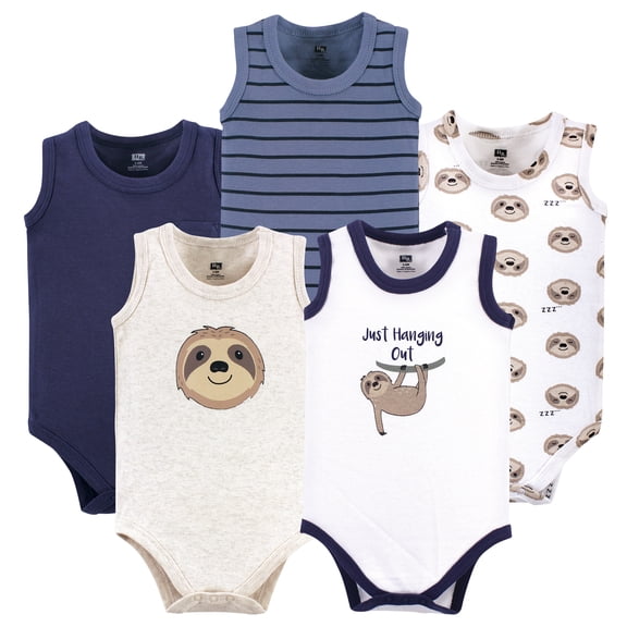 Hudson Baby Basics Infant Baby Sleeveless Baby Bodysuits 5-Pack, Lazy Sloth, 0-3 Months