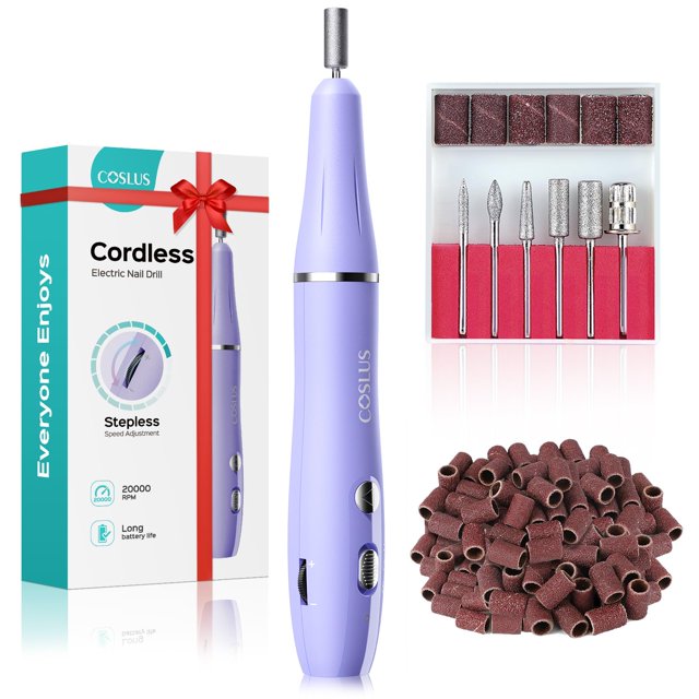 Lima eléctrica inalámbrica para taladro de uñas: COSLUS máquina perforadora de uñas con perilla de velocidad continua para gel acrílico, esmalte en polvo, kit profesional portátil de manicura y pedicu