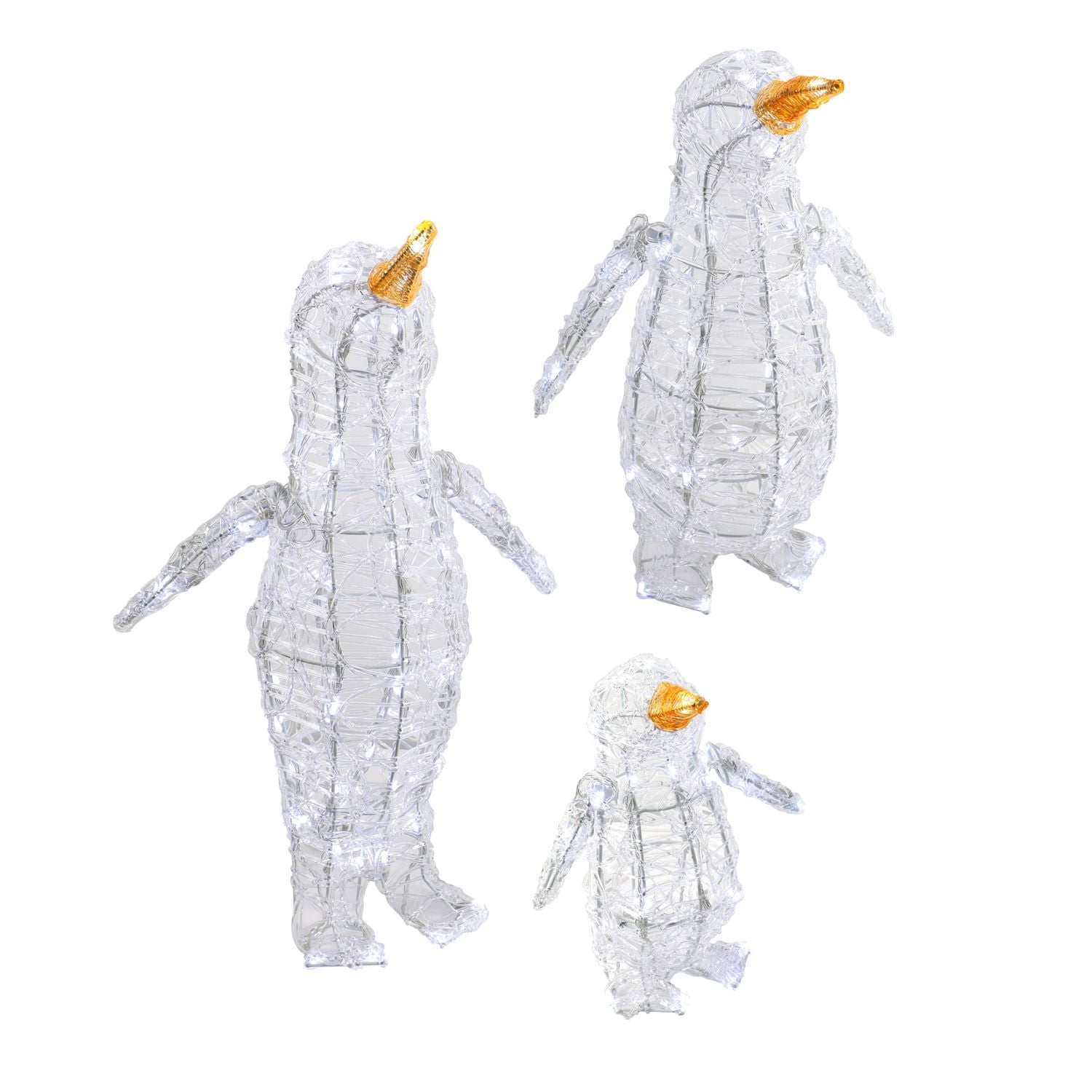 Set of 3 light-up acrylic penguins, 12-20-24 in, 160 5mm pure white led