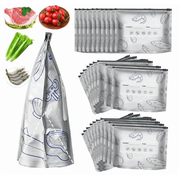 10 Pcs Aluminum foil Freezer Bags, Reusable Food Storage and Preservation Slider Bags, Stand Up Foil Sealable Bags with Label and Zip Lock for Vegetable Fruit Meat,S