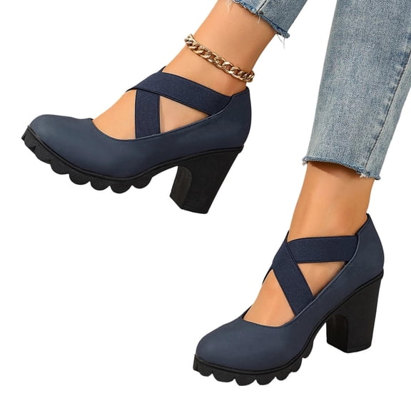 Purcolt Womens Cross Elastic Strap Mary Jane Shoes Comfort Dressy Pointed Toe Chunky Block Heel Pumps Cute Scalloped Thick Sole Slip On Heels for Party Wedding Date Night