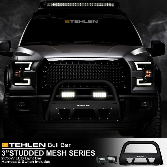 Stehlen 714937184978 3" Studded Mesh Series Bull Bar ( Matte Black ) with 36W CREE LED Light Bars For 2005-2021 Nissan Frontier / 2005-2007 Pathfinder / 2005-2015 Xterra