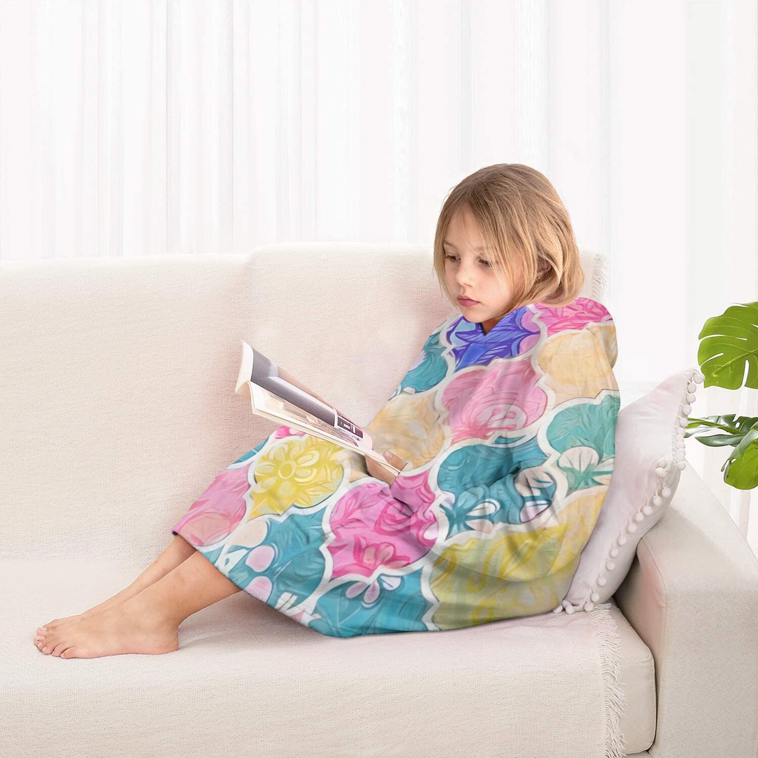Multi Color Floral Checkered Pattern Blanket Hoodies for Kids 6-13YR Oversize Wearable Blanket Hoodies for Boys Girls Teens