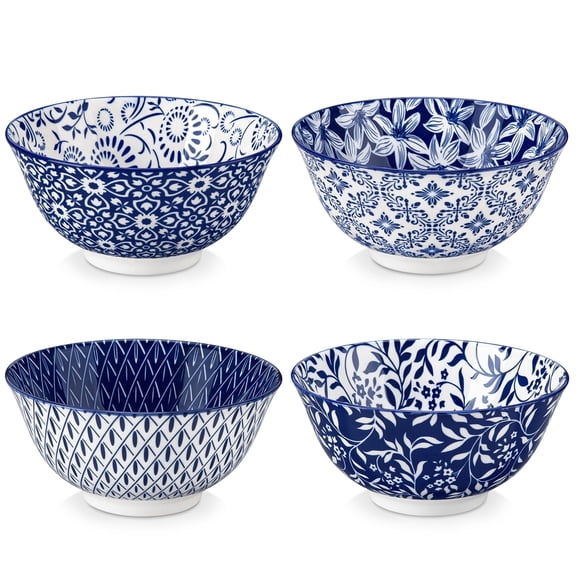 MALACASA Porcelain Bowls Set of 4, 23oz/6.25-inch Blue Floral Soup Bowls, Microwave Dishwasher Safe, Series SELENE