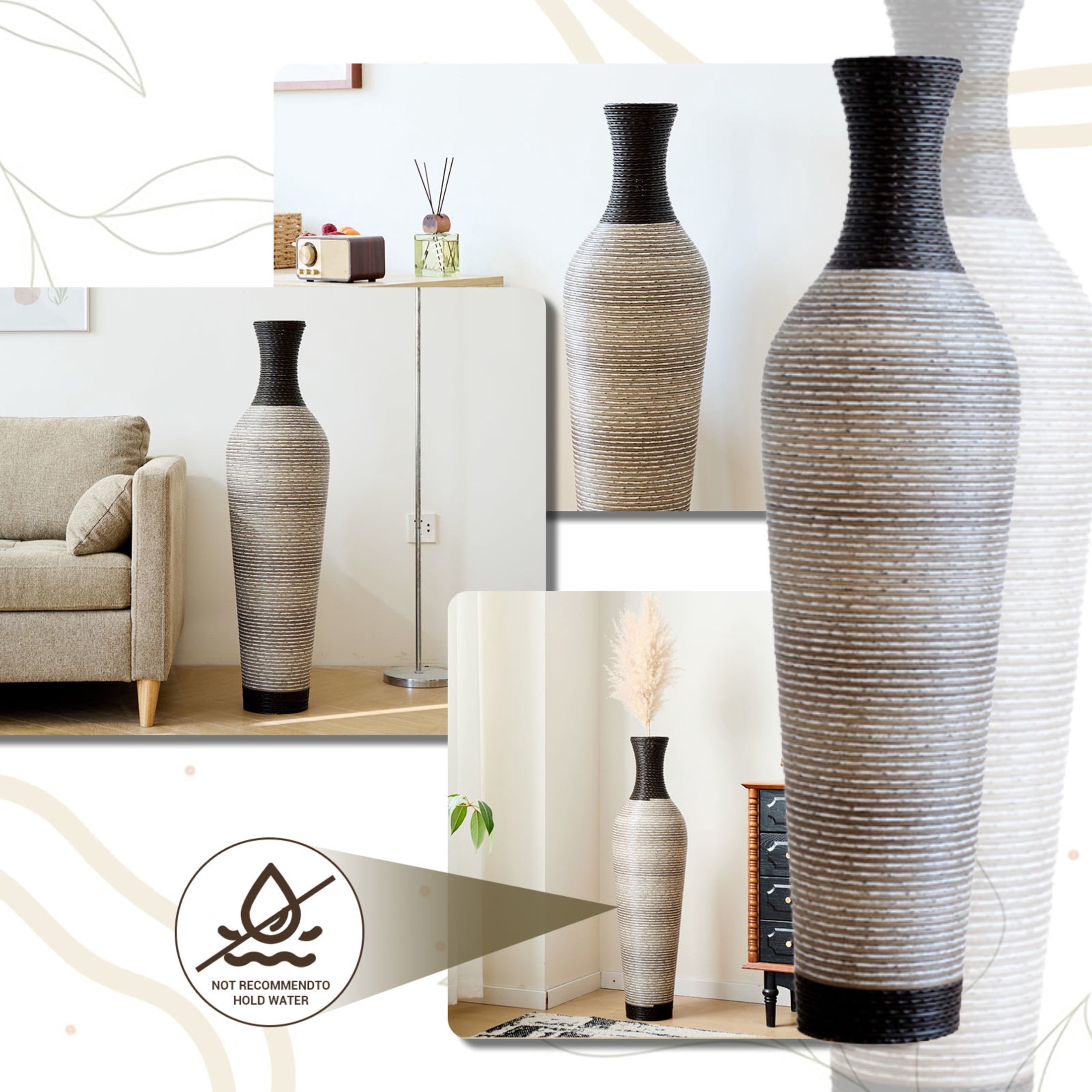 Noble House 39.37" Handmade PVC Floor Vase, Rustic Textured Decorative Vase, Black + Gray