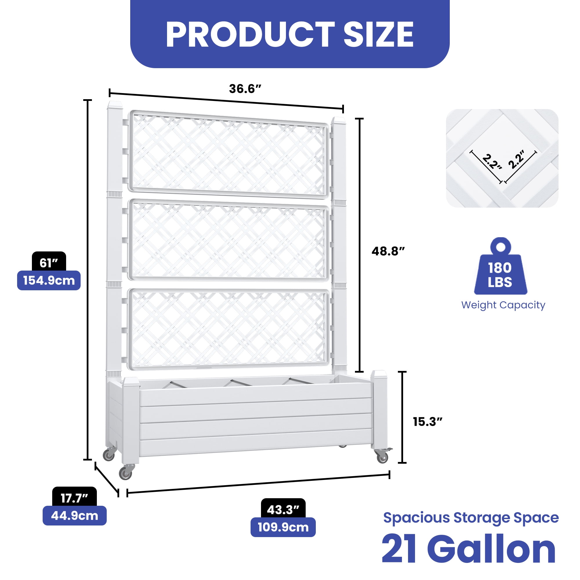 Uforic Large Planter Box Trellis, Outdoor Raised Garden Bed with Drain Plug and Lockable Wheels,for Climbing Plants, 3.6x1.5x5 FT-White