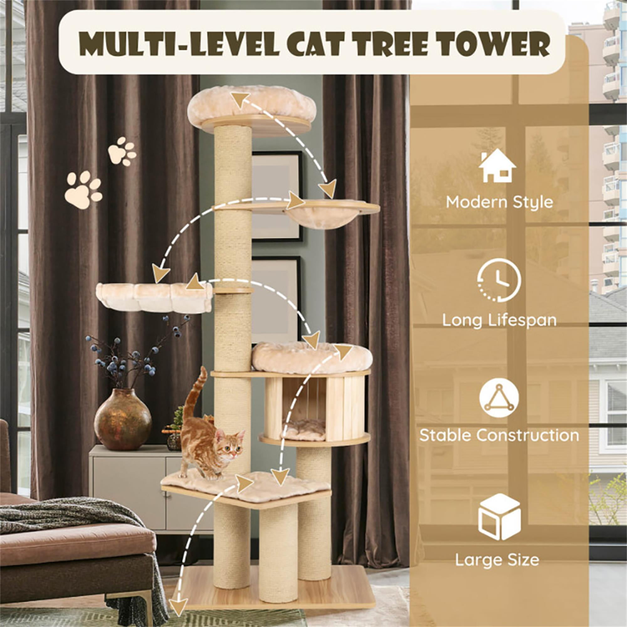 resenkos 75" Wood Cat Tree Tower for Indoor Cats, Multi-Level Cat Condo with Scratching Posts, Perch, Washable Removable Cushions, Cat Furniture, Beige