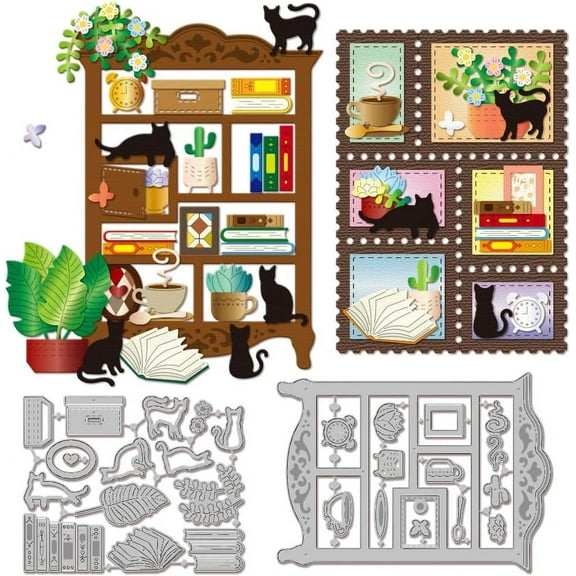 Bookshelf Cutting Dies for DIY Scrapbooking Metal Cabinet Cat Cut Dies Flowers Coffee Cactus Die Cuts for Card Making Embossing Photo Album Craft Decor