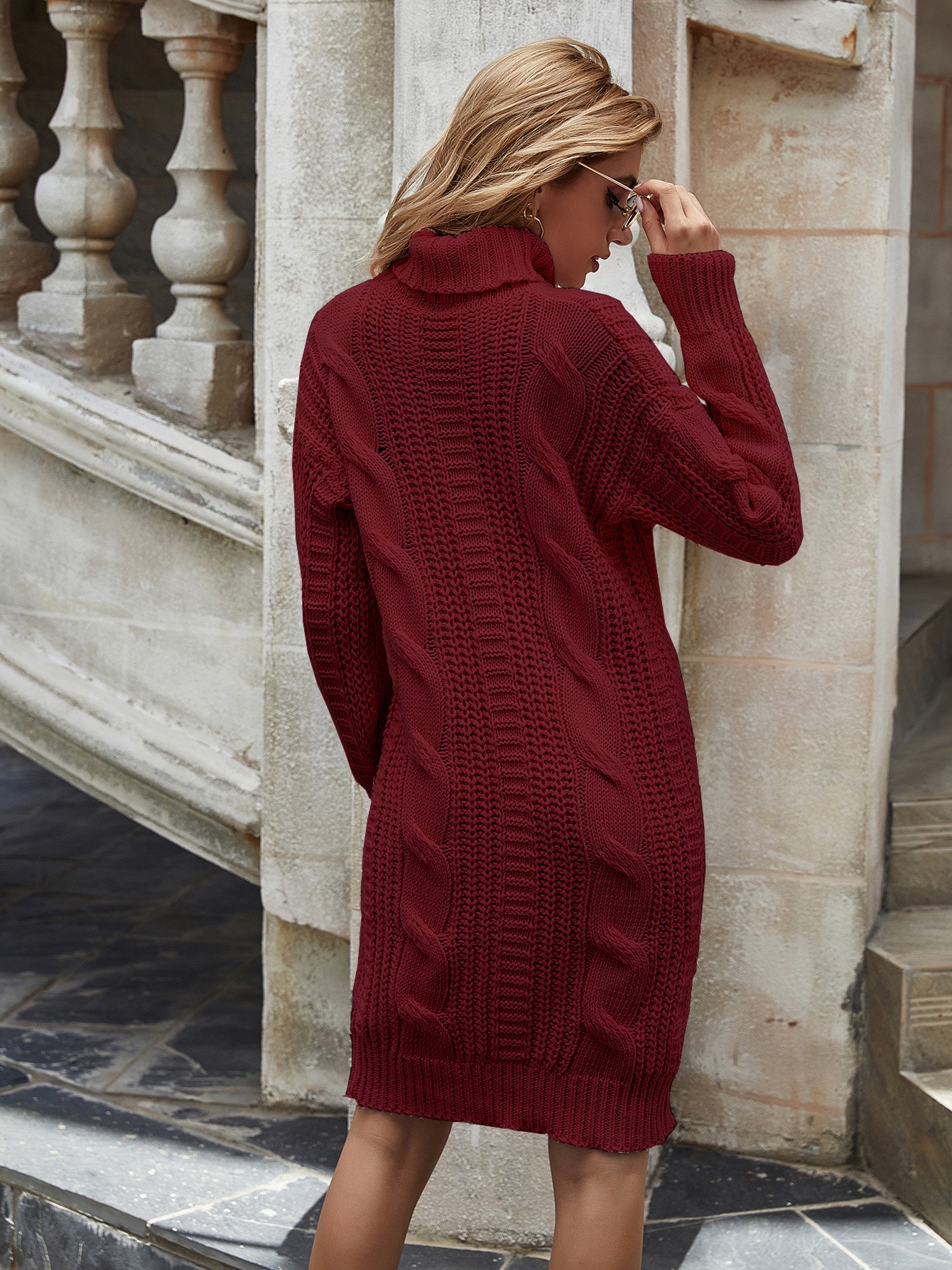 Burgundy High Neck Cable Knit Sweater 