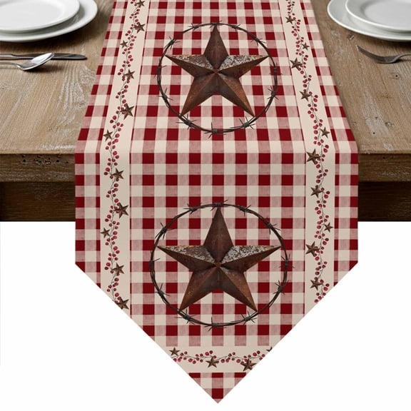 Table Runners 72 Inches Long, Farmhouse Cotton Linen Kitchen Dining Coffee Table Runner for Party Home Decor, Vintage Star Retro Rustic Checked Grid Lodge Tabletop Dresser Scarves Runner 14x72 Inch