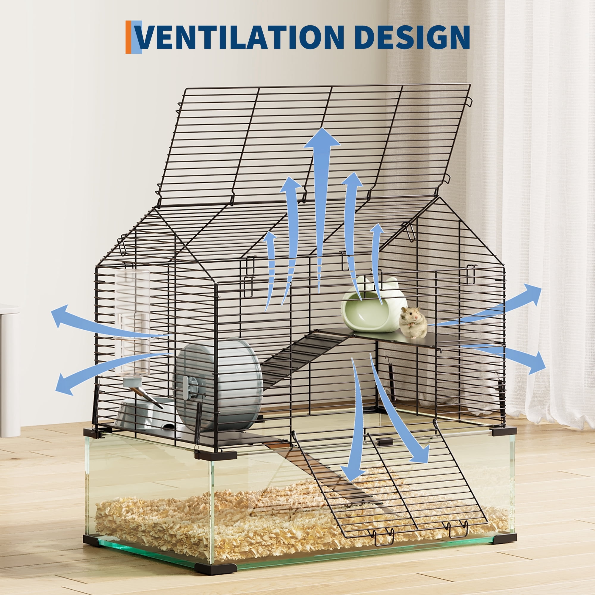 Large Hamster Cage with 7" Deep Tempered Glass Bottom, 3 Tiers Big Hamster Tank with Running Wheel, Hut, Water Bottle, Dish, Rat Cages for Syrian, Dwarf, Gerbils, Mouse, 22.83" x 15" x 21.25"