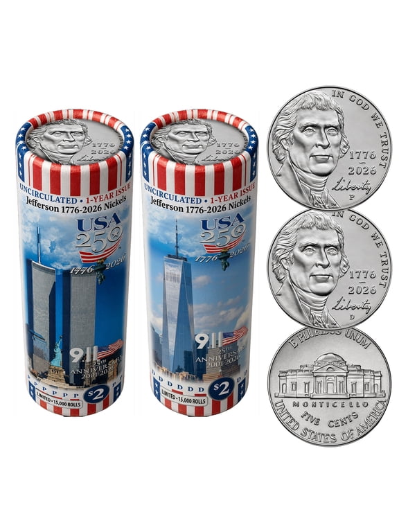 Collectible 2026 P & D Set Jefferson Liberty Nickel Rolls • USA 250 • World Trade Center 9/11 • 25th Anniversary Limited Edition