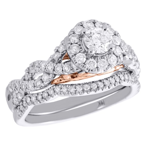 14K White Gold Round Solitaire Diamond Wedding Ring Braided Halo Bridal Set 1 CT