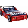 thumbnail image 5 of Twin Size Race Car Bed for Kids with LED Wheels, Wooden Platform Frame, Headboard & Slats for Boys Toddlers Bedroom, Red, 5 of 11
