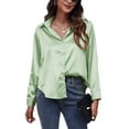 thumbnail image 3 of Capreze Work Office Shirt Tops for Women New Long Sleeve Loose Baggy Casual Tunic Top Blouse Ladies Satin Basic Tee Tops M Light Green, 3 of 3