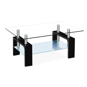 Costway Rectangular Tempered Glass Coffee Table W Shelf Wood