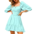 thumbnail image 1 of Vestido de mujer con manga media linterna y lazo en la espalda, minivestido con hombros descubiertos y volantes para verano, verde menta XS, 1 of 5