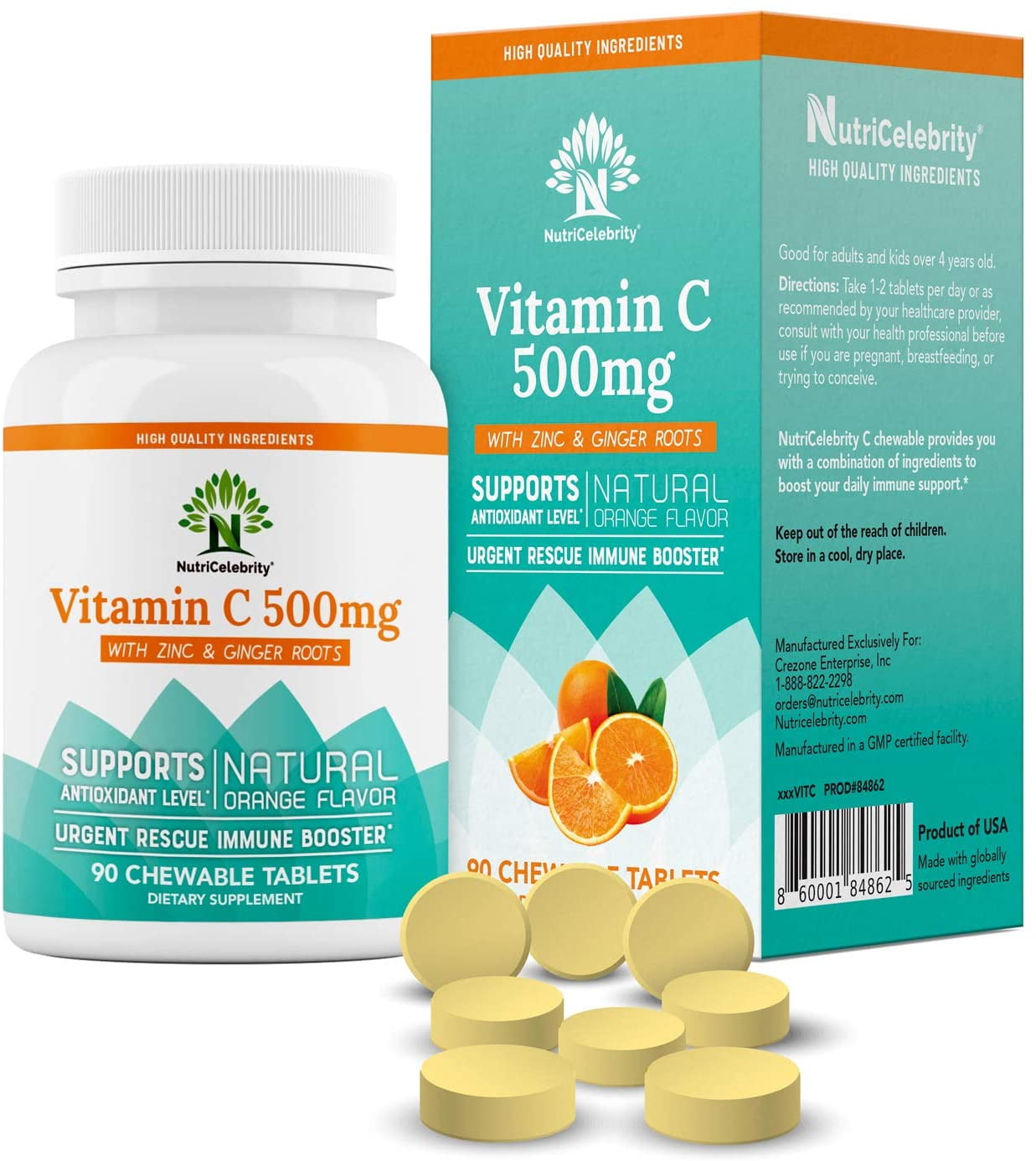 Nutricelebrity Vitamin C (Zinc + Ginger Roots) Chewable, Natural Orange flavor, 90 tablets