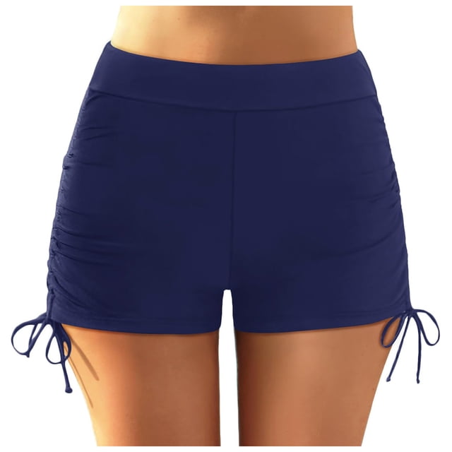 Riforla Swim Shorts for Women Plus Size High Waist Ruched Full Coverage Beach Shorts with Drawstring for Sports Bathing Suit Bottoms for Women Dark Blue L