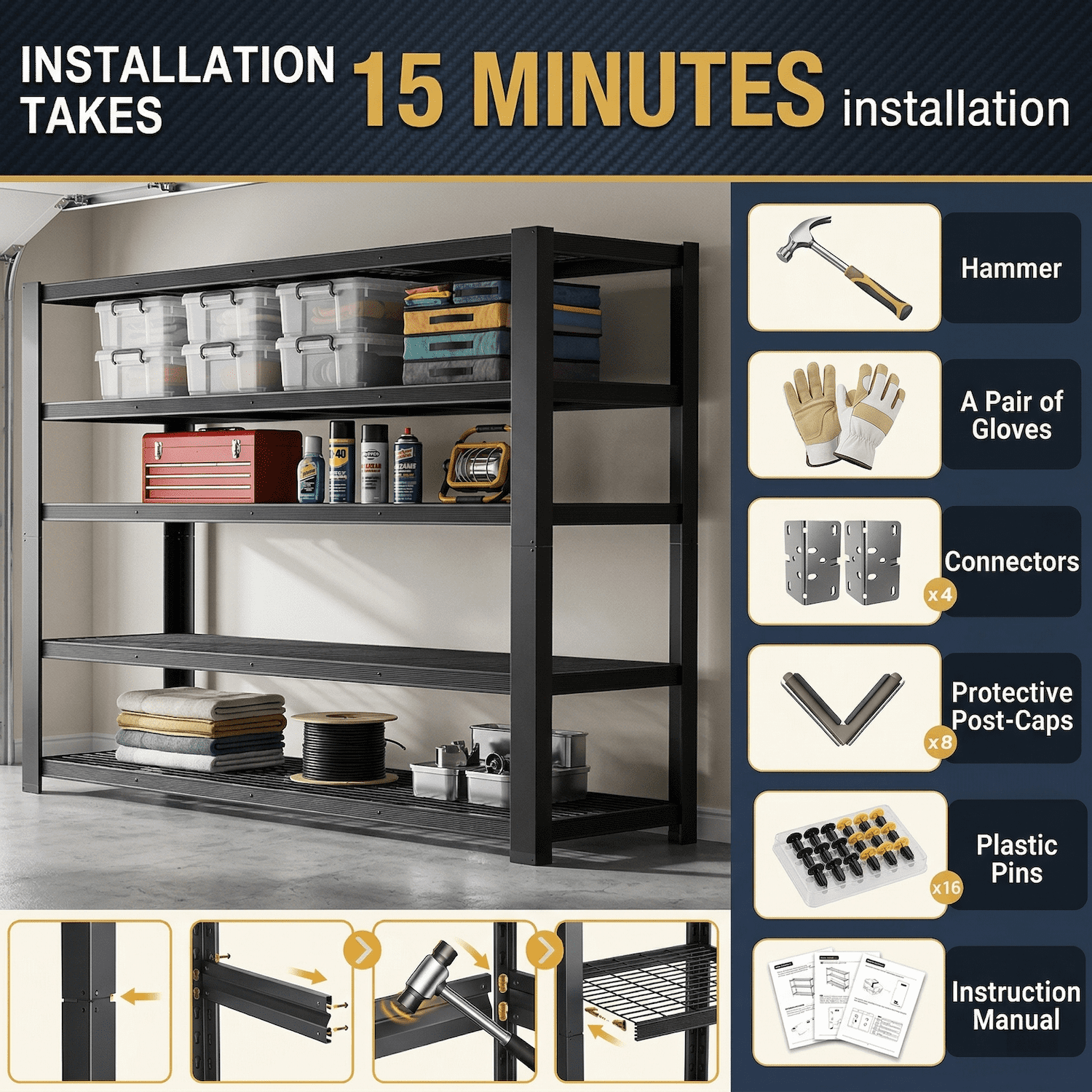 Heavy Duty Garage Shelving Unit, Metal Storage Shelves 3050 lbs, 5 Tier Adjustable Shelving Rack, Industrial Garage Storage Shelves for Basement, Warehouse, Pantry, 62” W x 24” D x 72” H